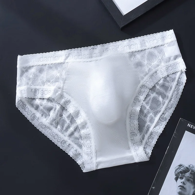 Men's Briefs Sexy Lace Mesh Traceless Panties Sissy Lingerie U Convex Pouch Underwear Ice Silk See Through Erotic Underpants