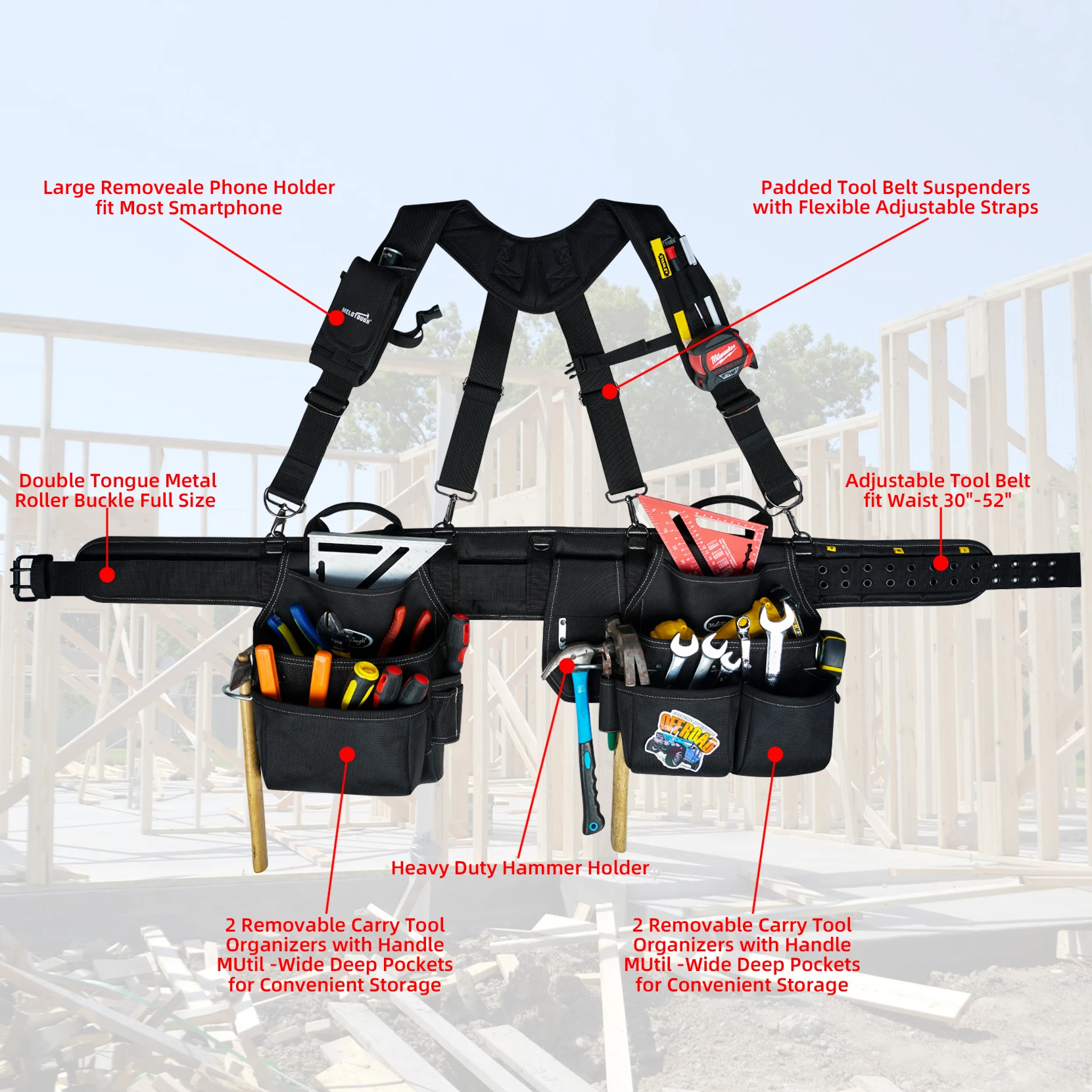 MELOTOUGH Tool Belt with Suspenders Tool Bag Supenders Framers Comb Apron Heavy Duty Tool Belt Construction Tool Pouch Builder