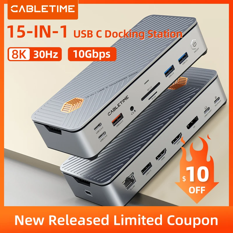 

CABLETIME USB C Docking Station Type C 8K Dock C Hub to HDMI DP USB 3.2 1000Mbps PD 100W 10Gbps M.2 SSD for MacBook Dell Laptop