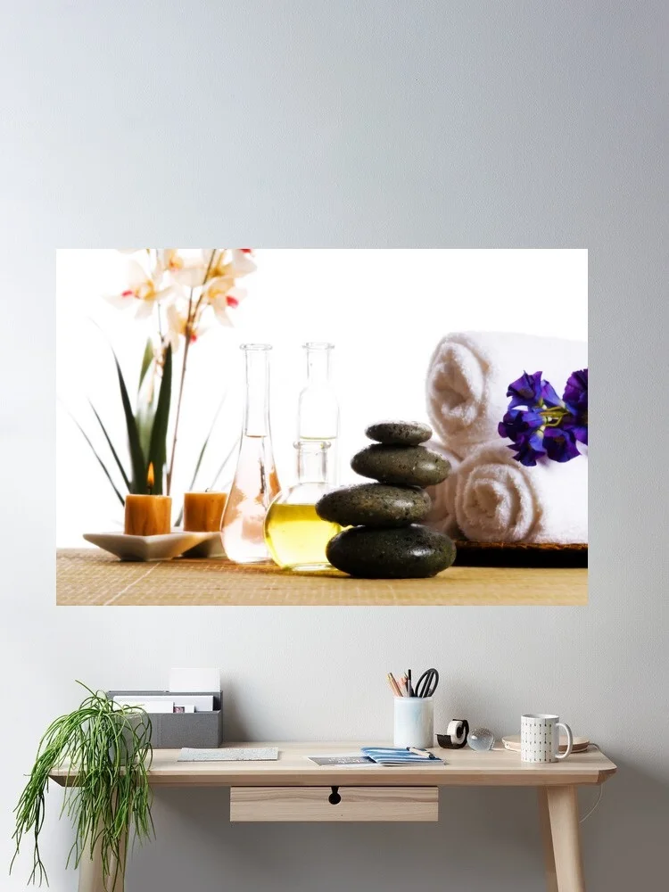 Spa setting with candles, stones, towels, and flowers, Art Print Canvas Poster, Living Room Decor, Home Wall Picture