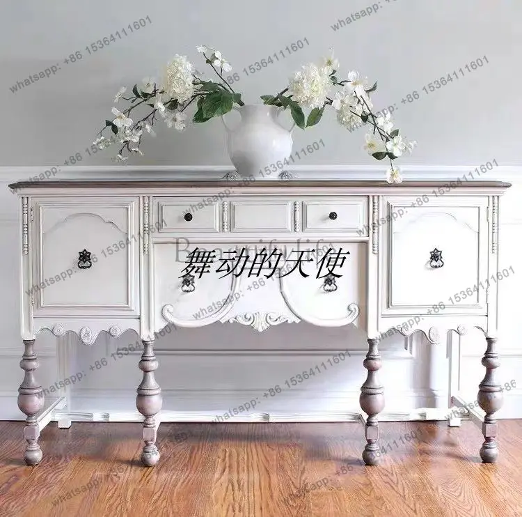 

American solid wood retro white porch cabinet carved display cabinet