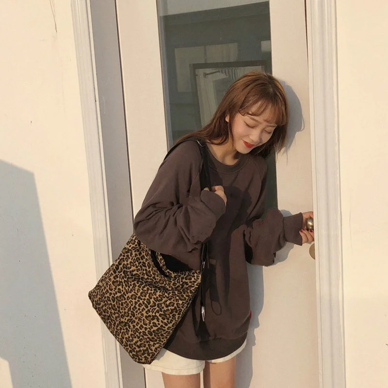 Women Casual Shopping Bag Fashion Zipper Cloth Shoulder  for Girl Leopard Print Large Eco Reusable Shopper  Handbag