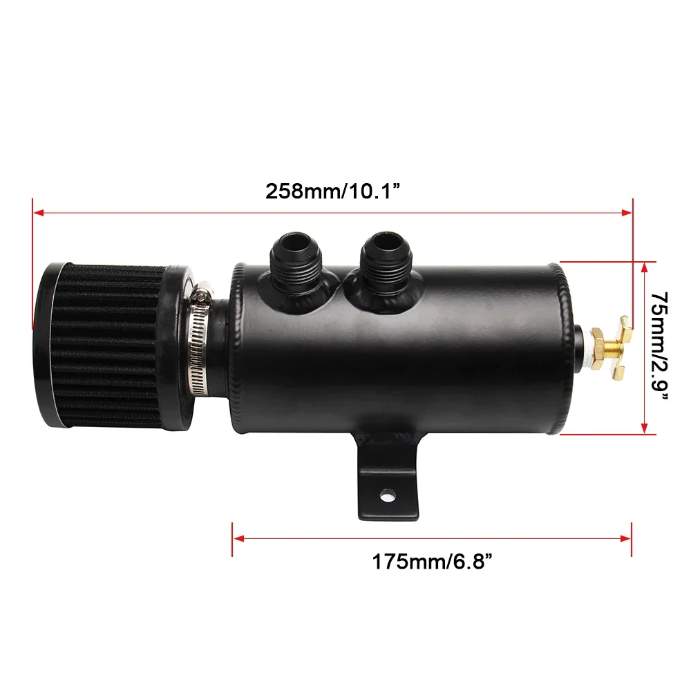 Universal Racing Baffled Aluminum Oil Catch Can 2-Port Reservoir with Drain Valve Breather Cylinder Filter Braided tubing Kit