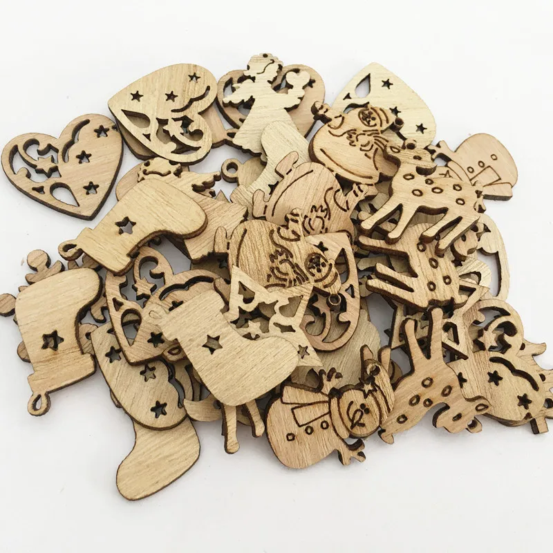 50Pcs Merry Christmas Wooden Baubles Tags Christmas Tree Decorations Art Craft Ornaments Christmas DIY New Year Decors Toys Set