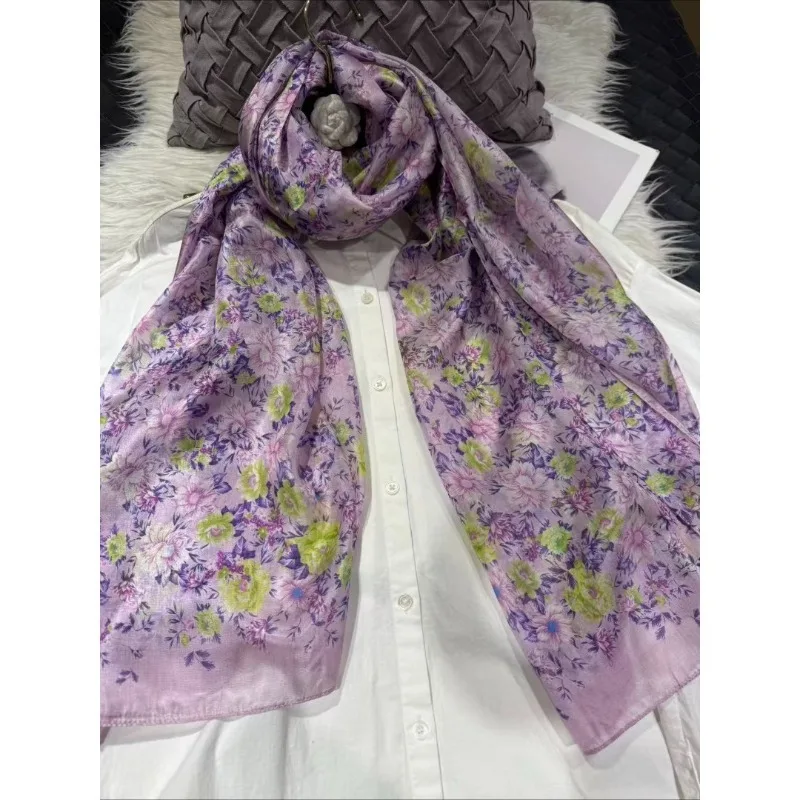 

Lightweight100% Mulberry Silk Scarf for Women Oblong Shawl Neck Scarf Beach Wrap Headscarf Gift Pack Light Purple Floral Print