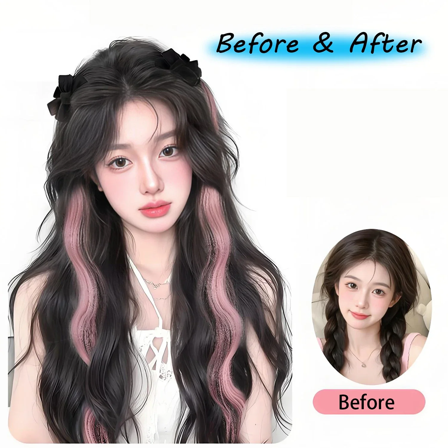 Perruque synthétique à reflets d'oreille d'elfe, 2 pièces, perruque queue de cheval bouclée à clipser avec nœud de tête de princesse douce pour femmes