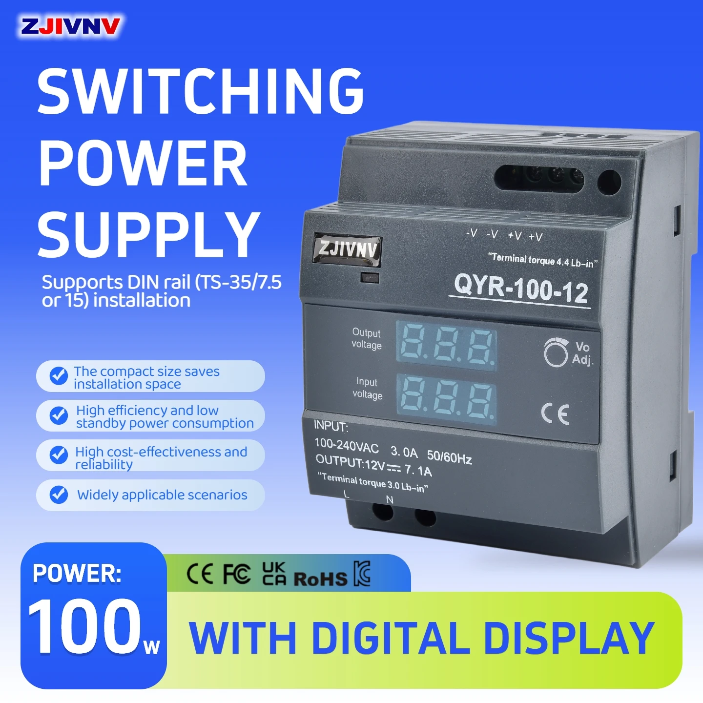 100W DIN Rail Switching Power Supply AC-DC 12V 24V Digital Display Input Output Voltage Monitor Compact Universal 100-240VAC