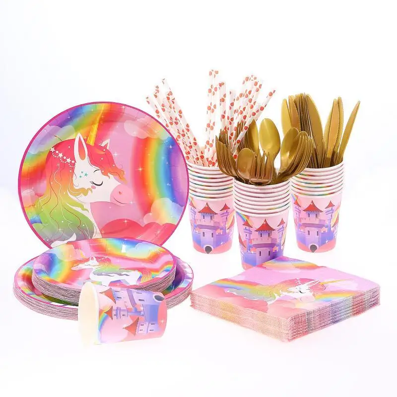 

192pcs/set 24Persons Mermaid/Unicorn/Rainbow/Butterfly Party Paper Plate Set Element Disposable Birthday Venue Layout