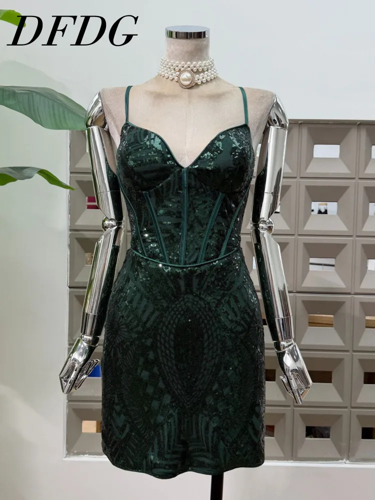 DFDG Damen 2025, Frühling und Sommer, sexy V-Ausschnitt, Pailletten-Cami-Kleid, schmale Passform, figurbetont, Wickel-Taille, Abendparty, Minikleid