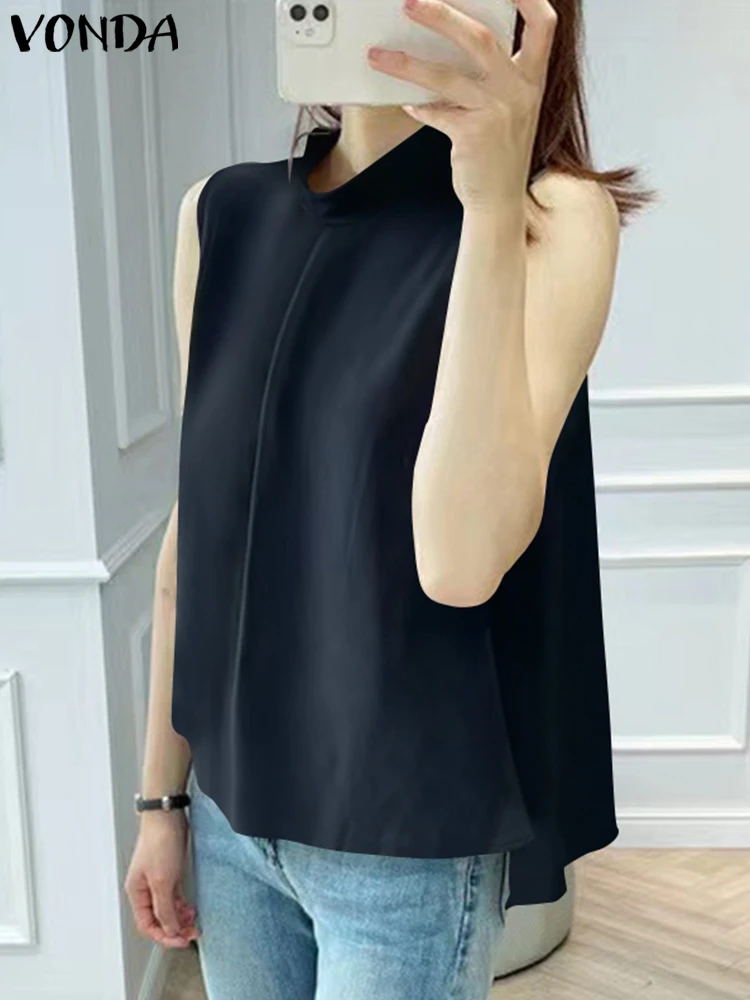 VONDA Elegant Office Shirts 2024 Summer Sexy Sleeveless Women Tops Fashion Crew Neck Blouse Casual Pleated Tank Tops Blusas