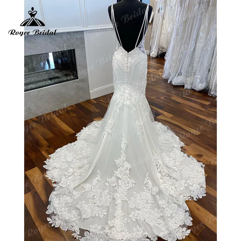 Roycebridal-vestido de noiva em V, cintas de espaguete, sereia, trompete, boho, vestido nupcial sem costas, robe nupcial sexy, 2023