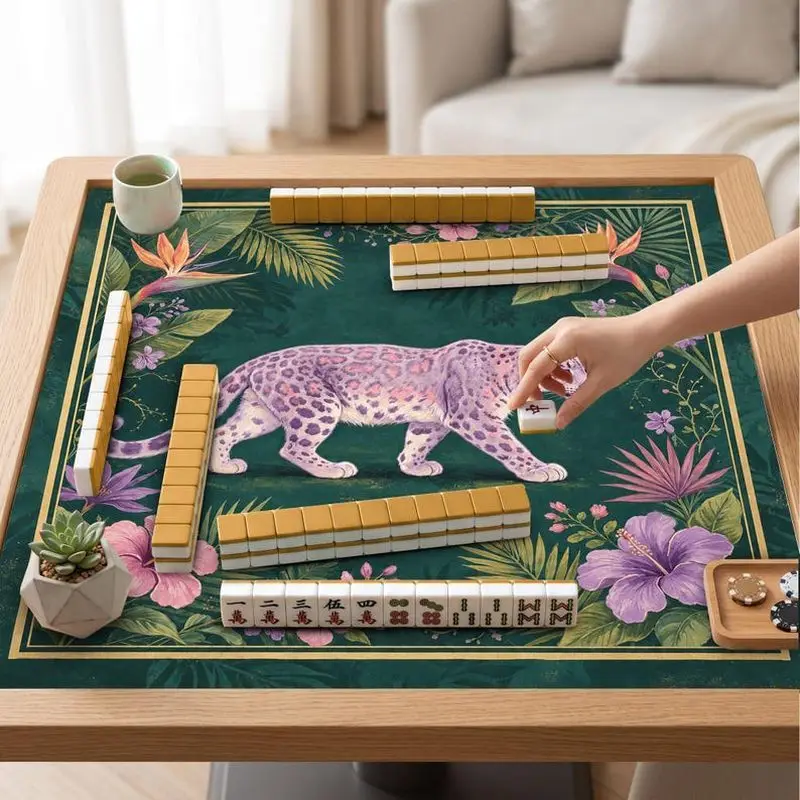 VIKAMA Dark Green Purple Leopard Mahjong Mat Silent Vintage Jungle Household American Mahjong Cover Non Slip Noise