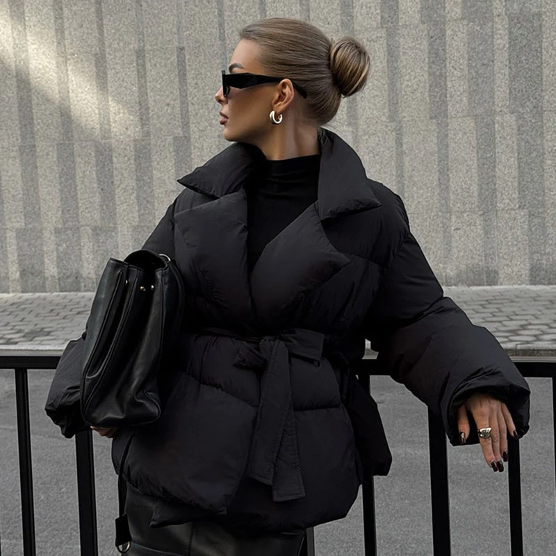 Giacche in cotone da donna eleganti con lacci solidi Colletto rovesciato sottile Cappotti a maniche lunghe Donna alla moda Tenere al caldo Streetwear Nuovo