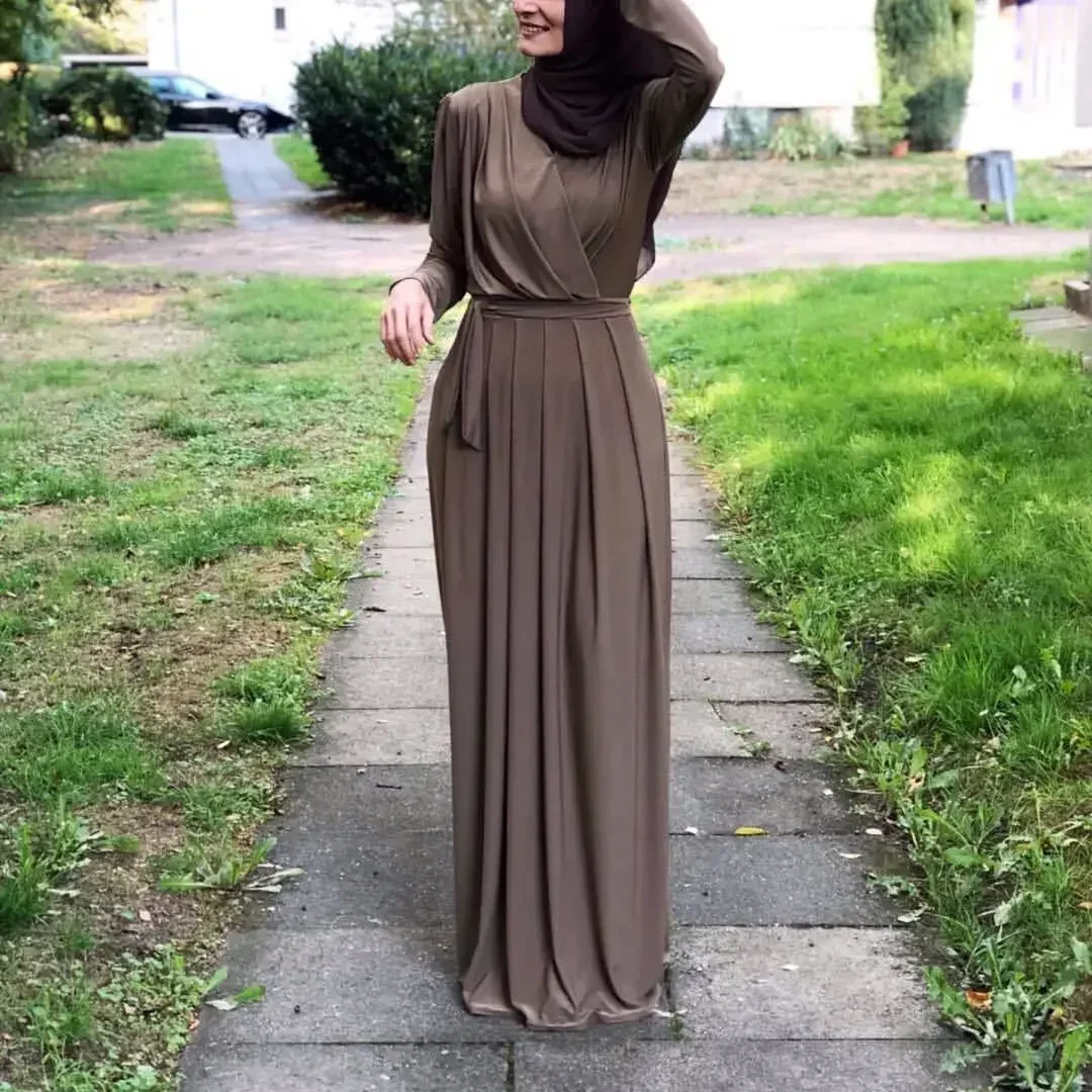 

Women Middle East Abaya Dress Islamic Clothing Solid Color Turkey Caftan Hijab Saudi Muslim Solid Dress Abaya Floor-length Dress