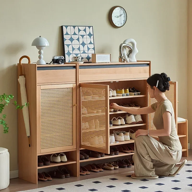 HT solid wood shoe cabinet multi-layer rattan home entrance indoor entrance corridor shoe cabinet