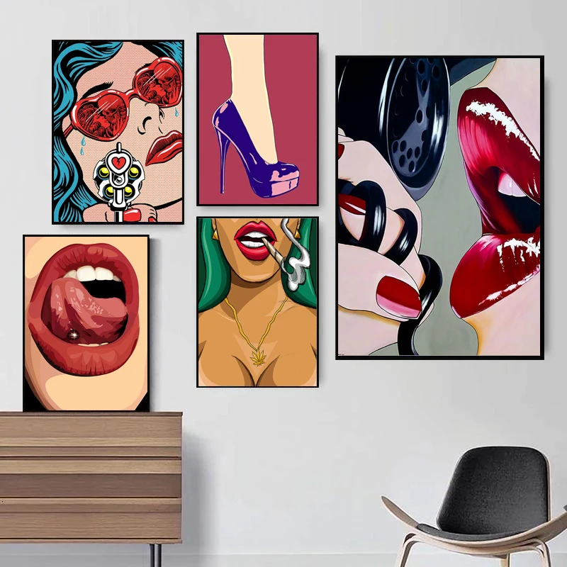 Fashion Cartoon Comic Red Lips Canvas Paintings High Heels Sexy Woman Posters Print Wall Art for Living Room Wall Decor Cuadros