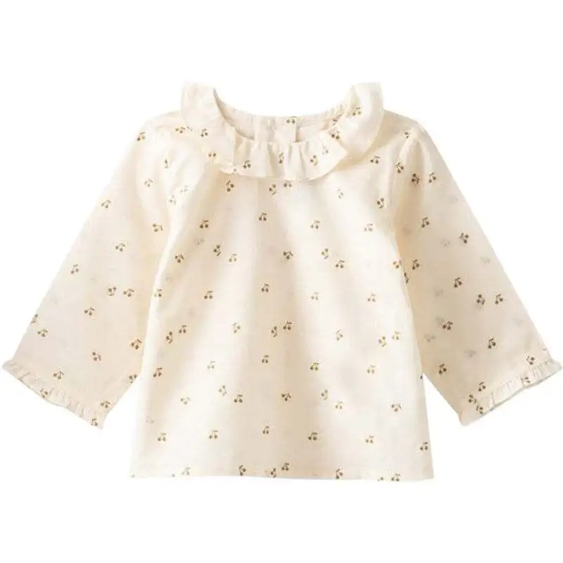 BP New Girls Cherry Peter pan Collar Blouse Autumn Long Sleeves Cotton Girls Princess White Cherry Clothing