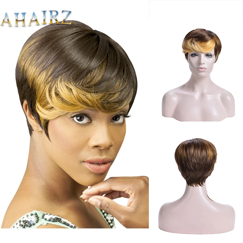 

Short Pixie Cut Synthetic Wig Brown Mixed Yellown Layer Nature Curly with Wave Bangs Heat Resistant Wigs for Women Daily Wear