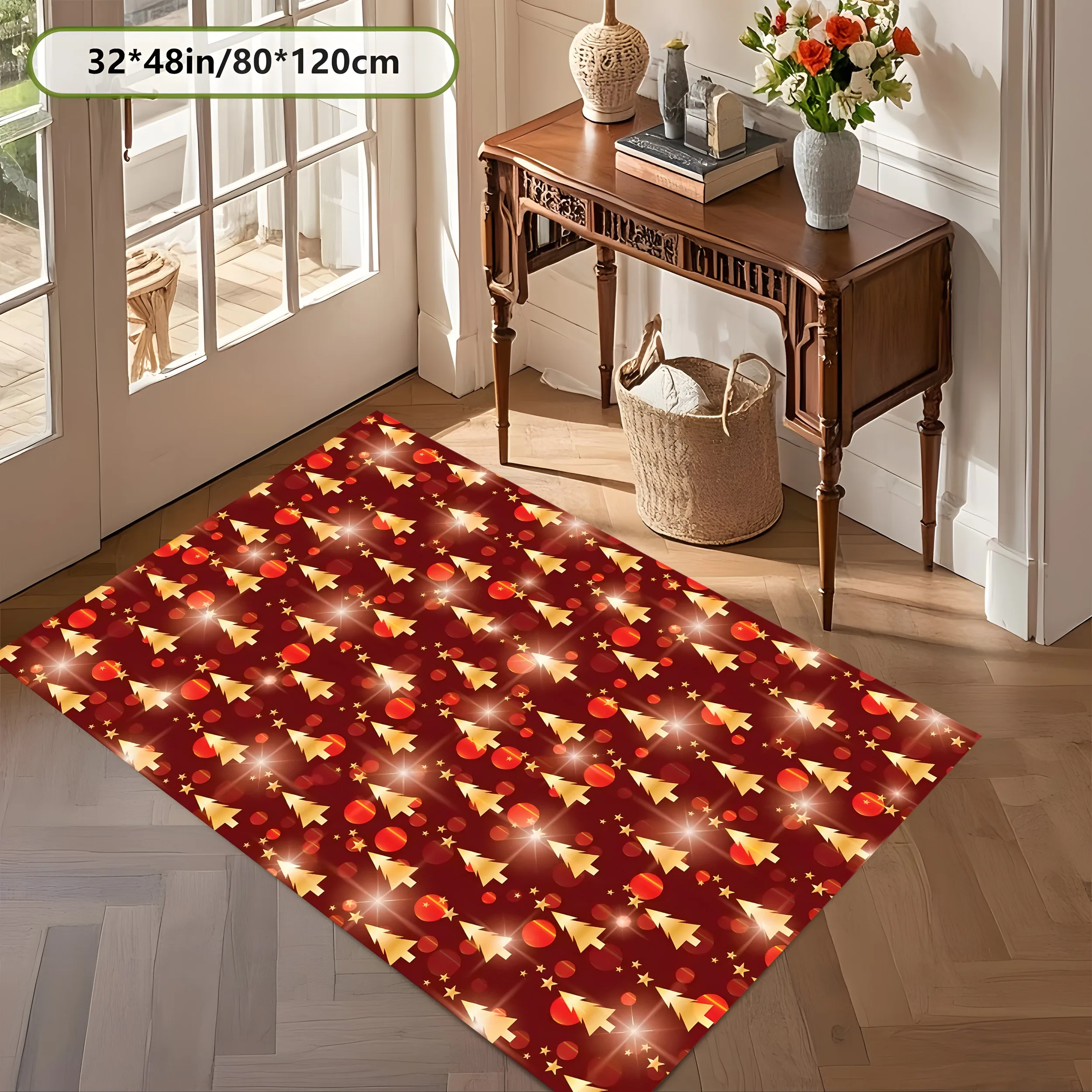 Large Area Rug Burgundy Gold Christmas Tree Star Print Soft Velvet Living Room Bedroom Home Decor Area Rug