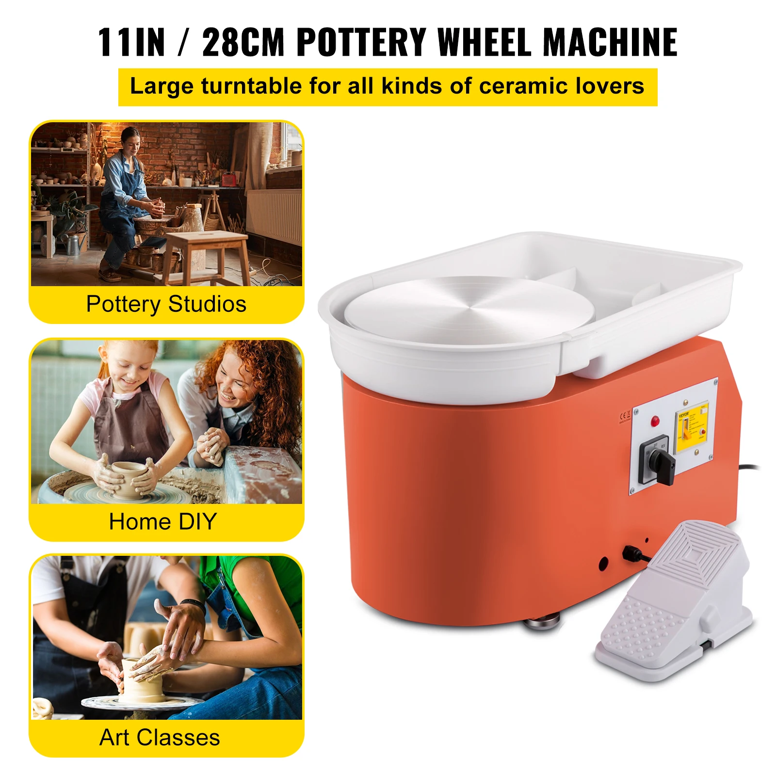 VEVOR Electric Pottery Wheel Machine 28cm 350W Manual Handle & Foot Pedal for School Ceramic Clay Working Forming DIY Art Craft