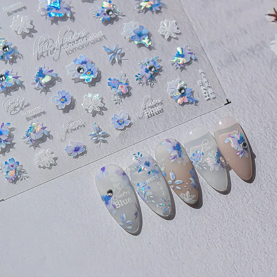 1pcs Blue Elegent Rose Flower White Butterfly Diamond Inivid Nail Art Stickers 5D Embossed Adhesive Manicure Decoration