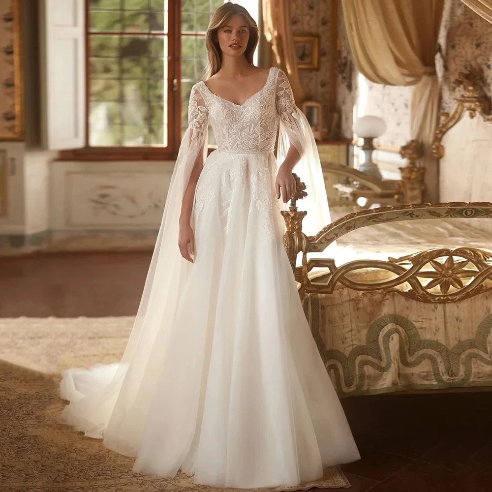 Nowoczesne suknie ślubne koronkowe szyte na miarę z długim rękawem suknia dla panny młodej miękki tiul koronka linia A tren dworski فستان حفلات