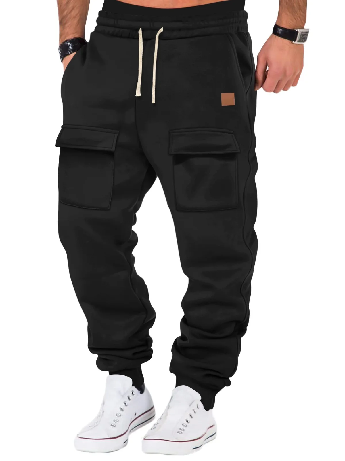 New men's fall and winter casual pants - fashionable multi-pocket fleece pants - sportswear and fitness work pants