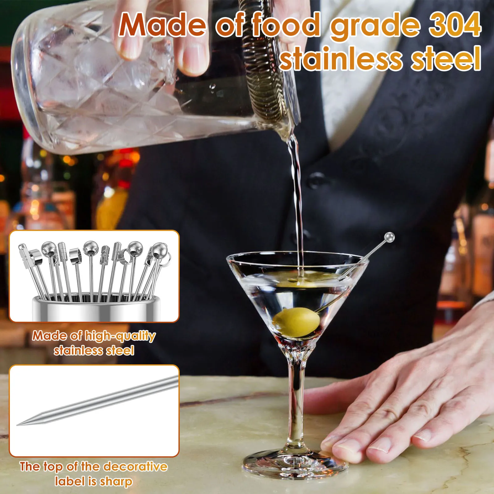 20/12pcs Cocktail Picks Stainless Steel Skewers Bar Tool Drink Stirring Sticks Reusable Cocktail Stick for Appetizer Fruit Picks