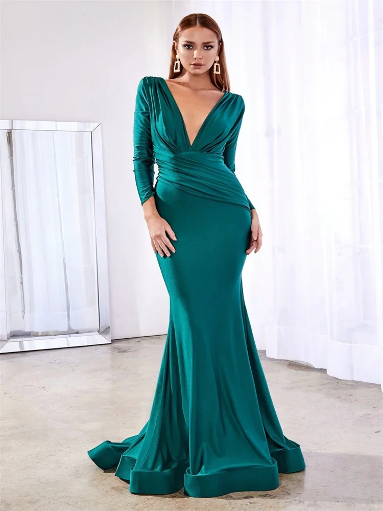 

Customized Deep V-Neck Bodice With Full Length Sleeves Mermaid Prom Dress Elegant Open Back With Zipper Party Gowns for Women