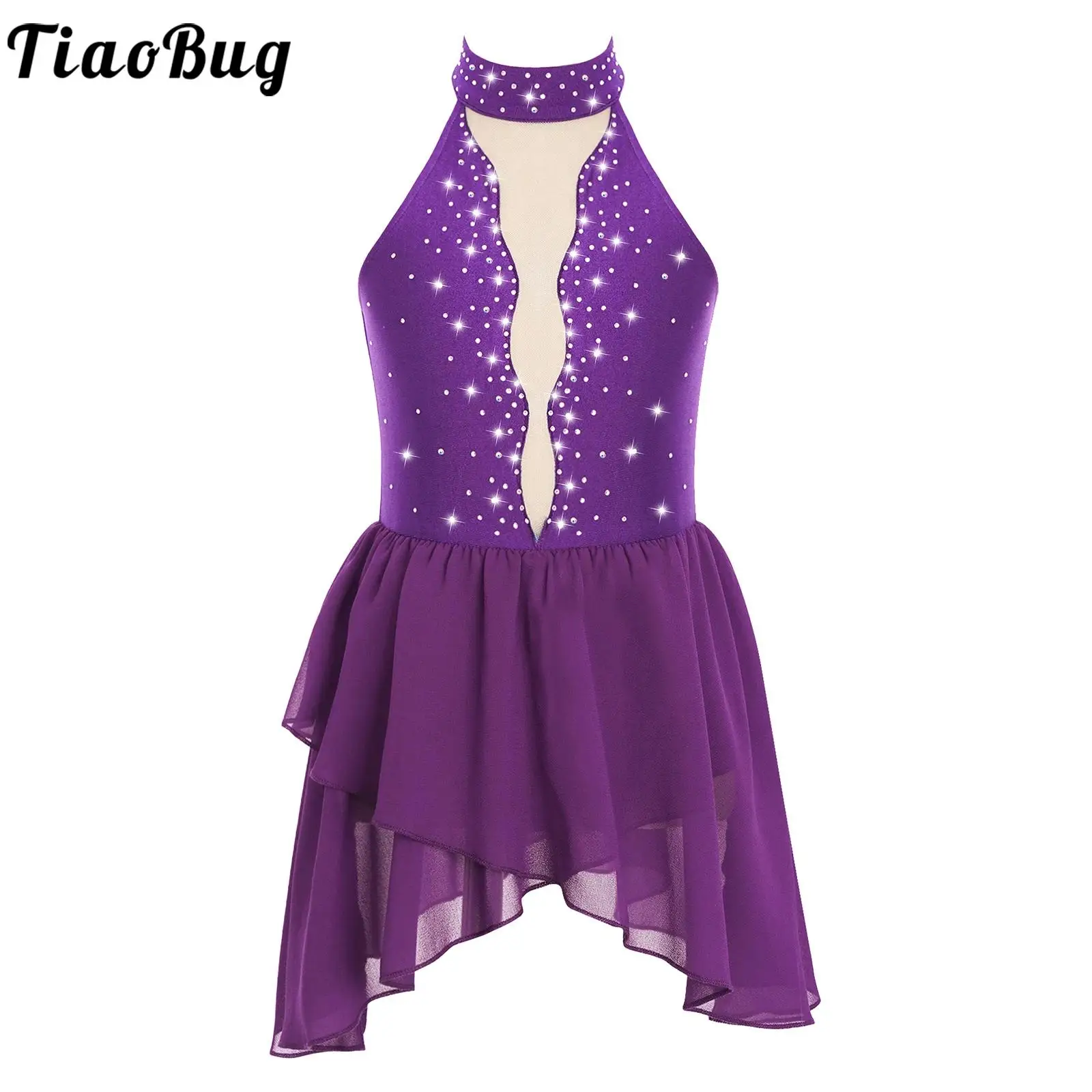 

Kids Girls Ballet Dress Sleeveless Rhinestone Tulle Skirts Leotards Irregular Tutu Skating Gymnastics Lyrical Dance Costume