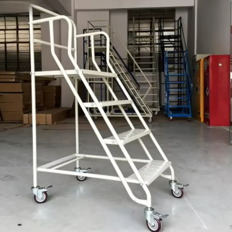 Heavy Mobile Safety Platform Ladder for Warehouse Order Picking Resistant Steel Construction
