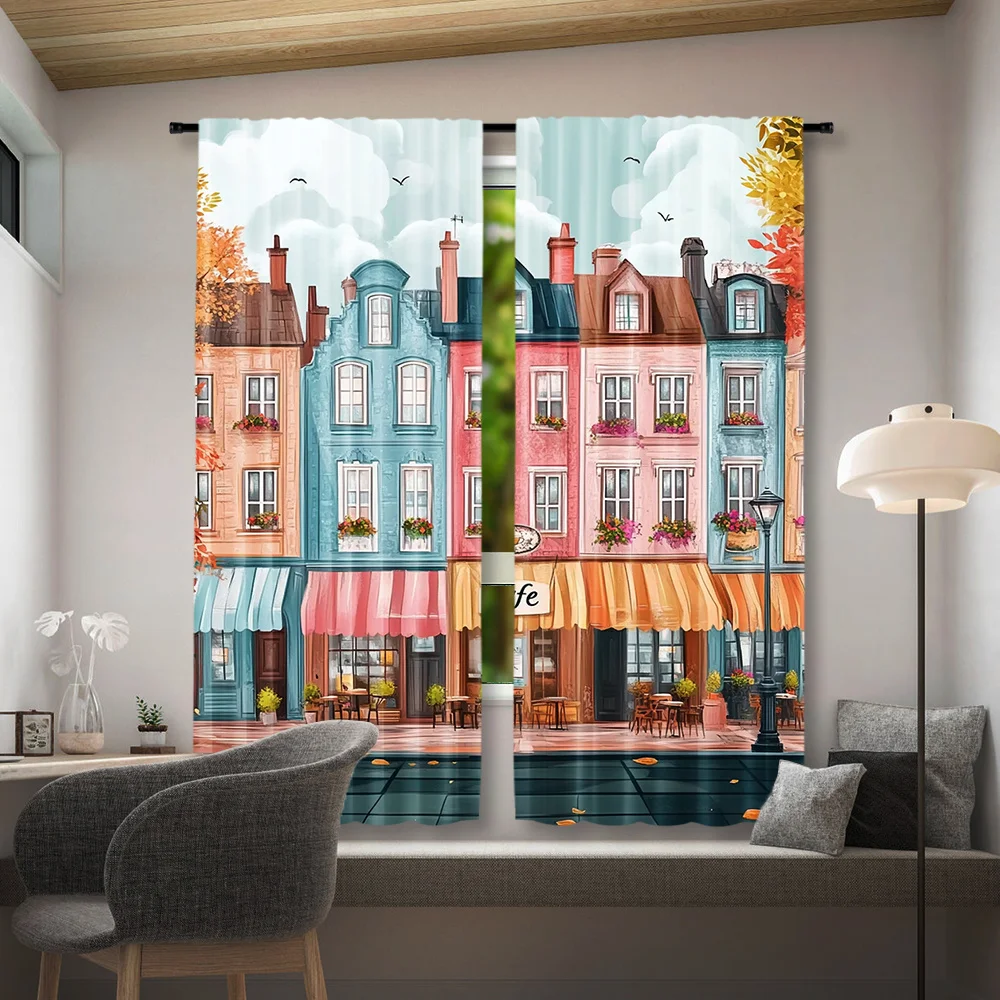 Colorful European Town Street Curtains 2 Panels, Pastel Cafe Buildings Autumn Leaves White Cloud Sky Cozy Warm Bedroom Curtain