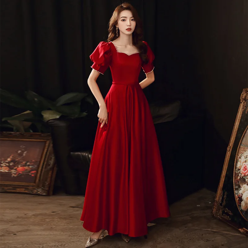 

Burgundy Celebrity Banquet Dress Vintage Chinese Style Bride Sexy A-line Puff Sleeves Wedding Dress Robe De Soiree Maxi Dress