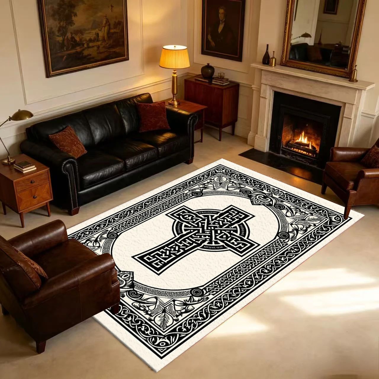 Vintage Celtic Cross Knot Pattern Carpet Non-Slip Retro Medieval Style Carpet Suitable for Living Room Bedroom Home Decoration