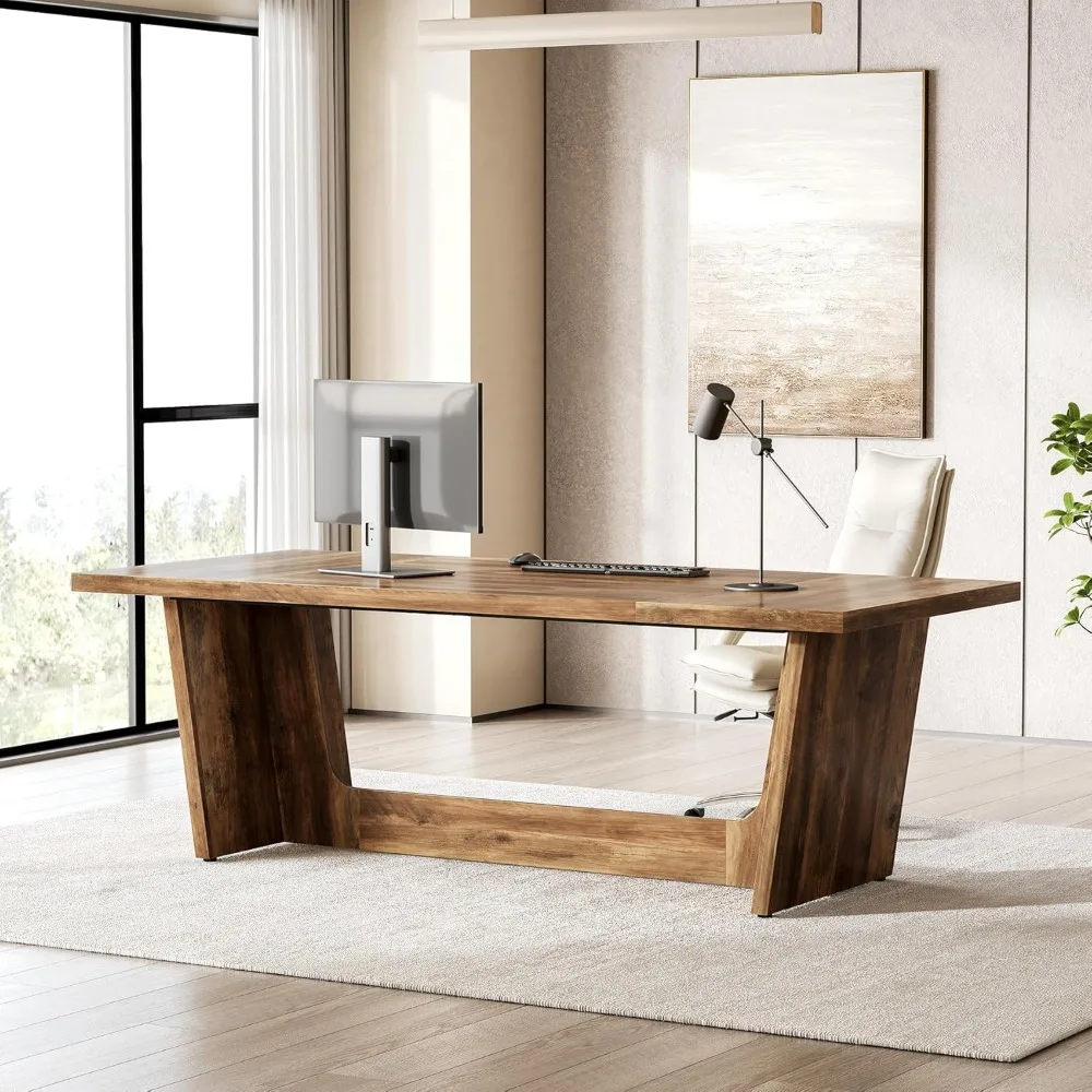 

70.87 Inches Long Executive Desk, Brown Wooden Computer Desk, Industrial Simple Study Writing Table, Large Workstation Business