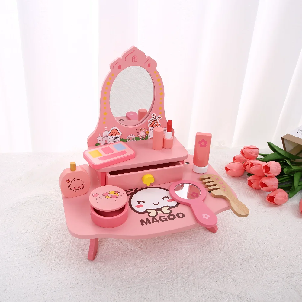 

Wooden Children Makeup Toy Set Dressing Table Toy Cosmetic Toy with Mirror Pretend