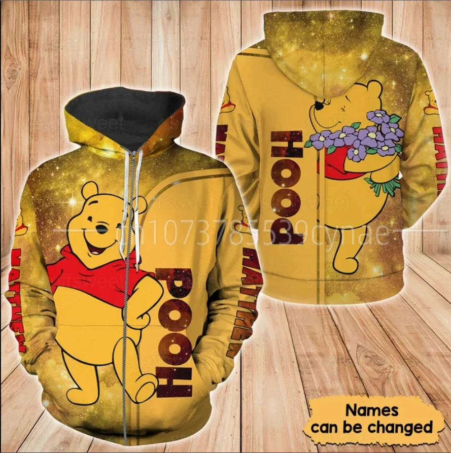 2023 Yellow Pooh Winnie The Pooh Disney Cartoon Graphic Outfits Clothing Men Women Kids 3D All Over Print Zipper Hoodie