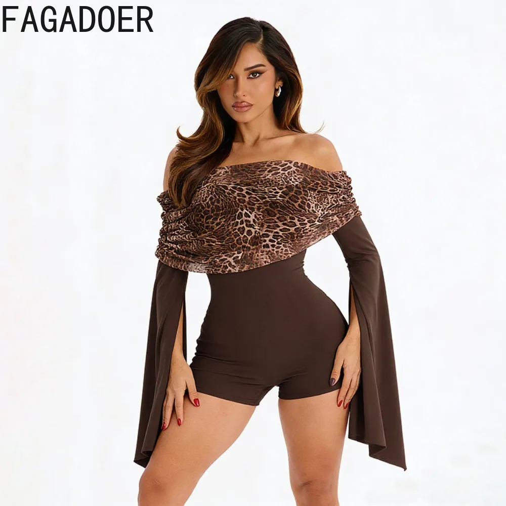 Fagadoer sexy leopardo impressão retalhos macacão para mulher fora showlder sem costas bodycon macacões feminino streetwear novo