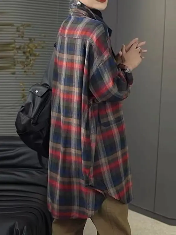 Faionable Plaid Lungo Sve irt Cappotto casual da pendolare allentato da donna Bottoni di media lunghezza con copertura Top in fibra di carbone di bambù