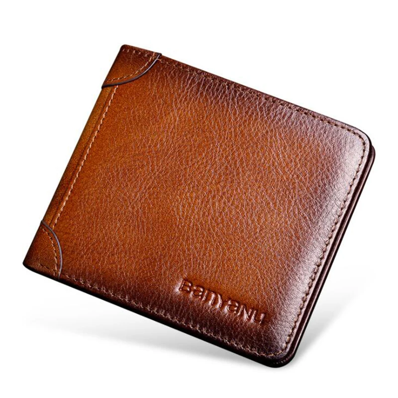 RFID Protection Man Short Trifold Wallet Casual Cowhide Genuine Leather Money Clip Wallet for Men Gifts