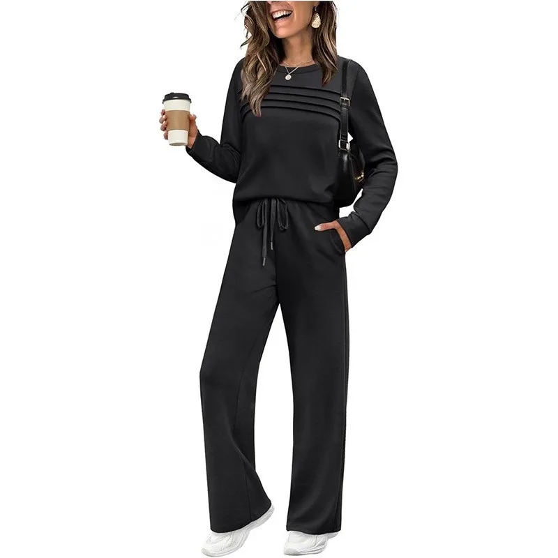 Conjuntos de duas peças femininas novo outono terno de manga longa o pescoço superior casual calças de cintura elástica calças de perna larga terno roupas femininas