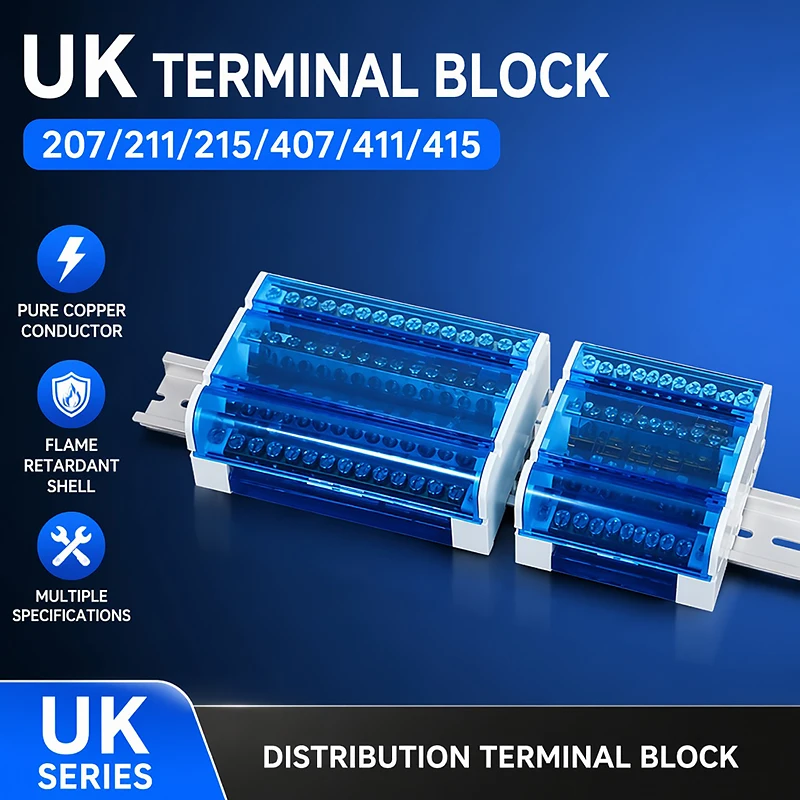 UK207/211/215/407/411/415 DIN Rail Terminal Block 125A Distribution Box 1/2 Input & Multiple Outputs Electrical Junction Box