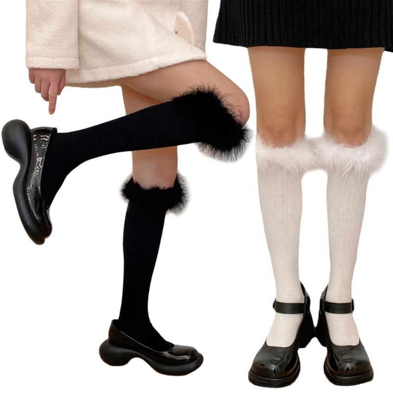 

Women Winter Cotton Knee High Socks Japanese Lovely Furry Feather Trim Uniform Student Casual Stockings Leg Warmer M6CD