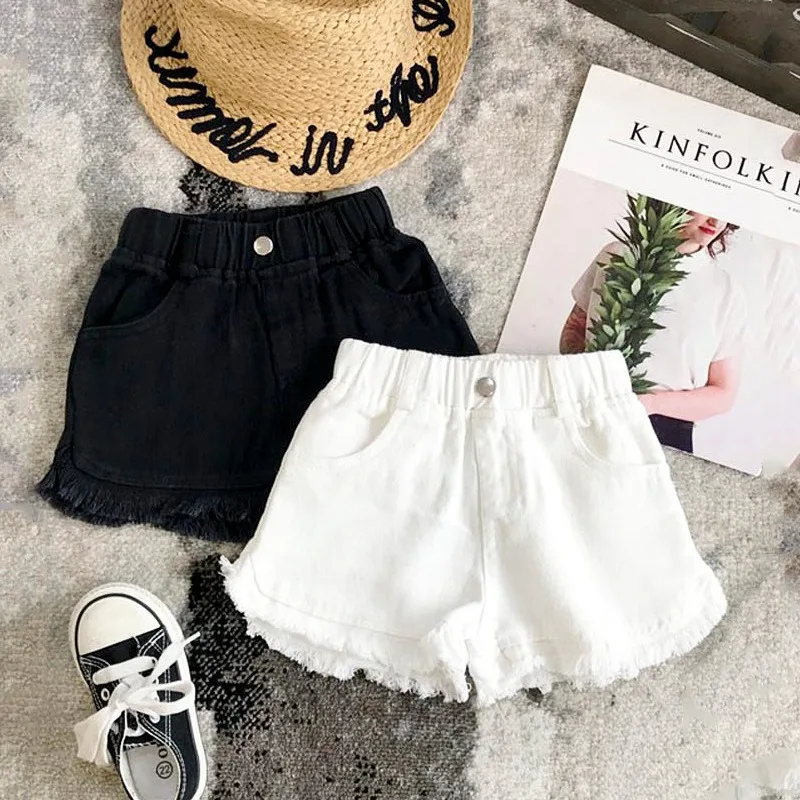 Girls Summer Korean Style Denim Shorts White Black Casual Hot Pants for Kids Breathable Daily Wear
