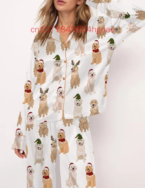 Golden Retriever Christmas Satin Pajama Set 3D Printed Spring/Summer New  Casual FashionLong Sleeve Set