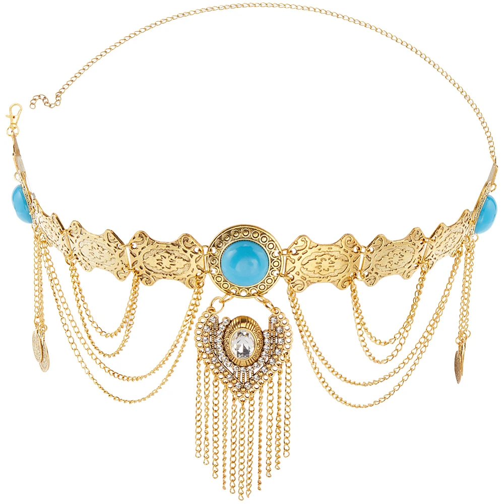Cinturón de Cadena Estilo Boho Dorado con Borlas en Capas, Detalles de Colgante de Turquesa y Pedrería, Cadenas Vintage de Aleación Ajustables para Cintura y Vestido
