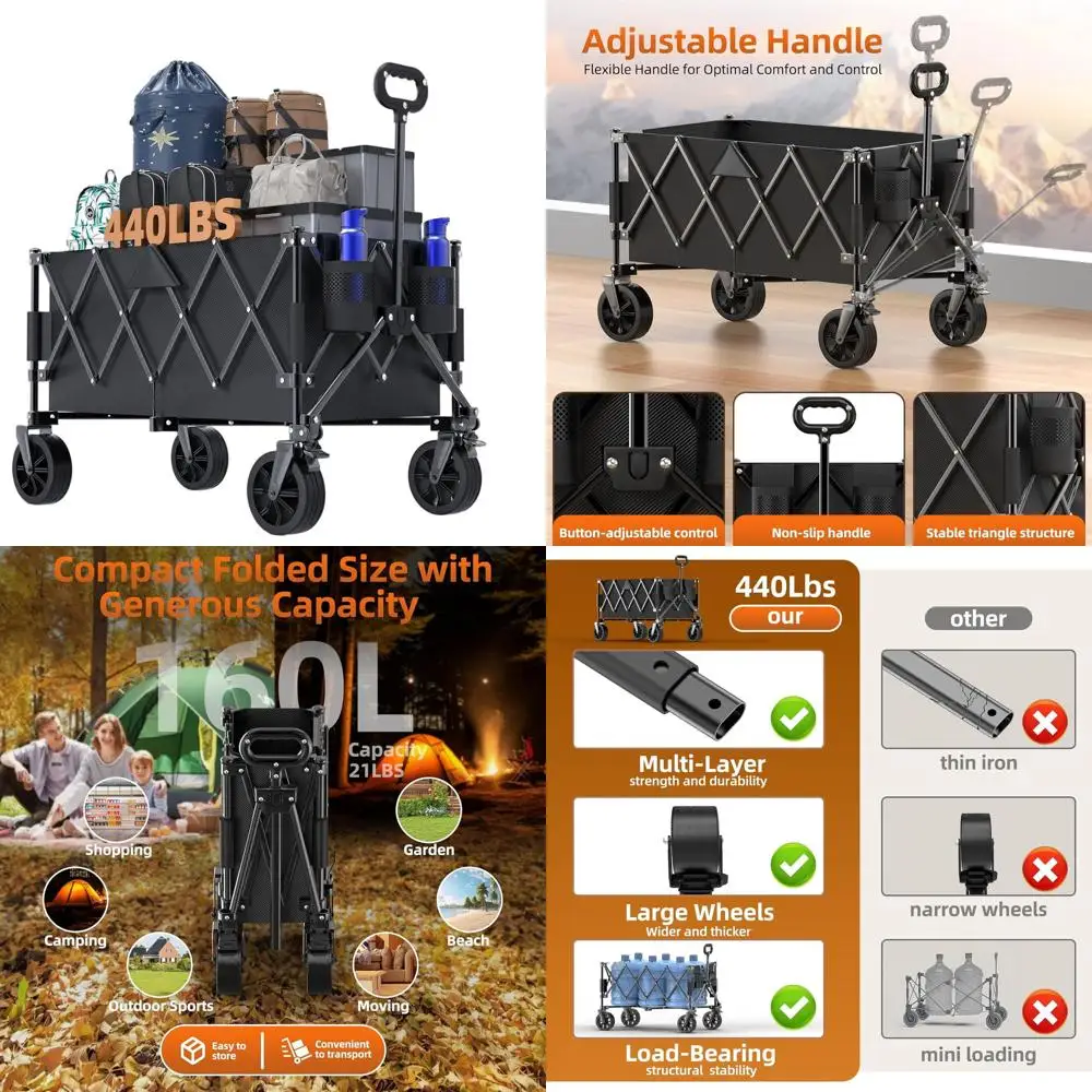 

Folding Heavy-Duty Utility Wagon, 440lbs Capacity, Side Pockets, Ideal for Beach, Camping, and Transport