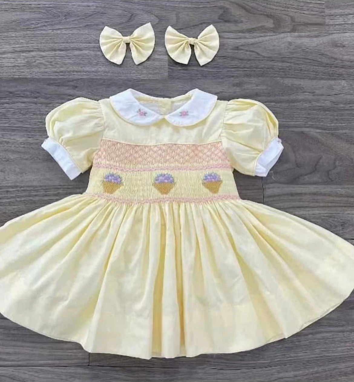 

0-12Y Baby Girl Summer Flower Handmade Embroidery Smocking Yellow Vintage Princess Dress for Birthday Holiday Eid A304