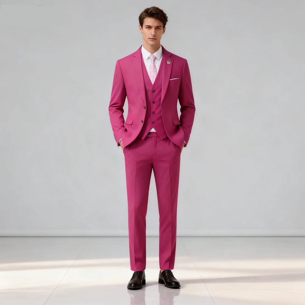 

Men's Rose Red Three-piece Business Casual Wedding Suit High-Quality Handsome European American Style for Business Party