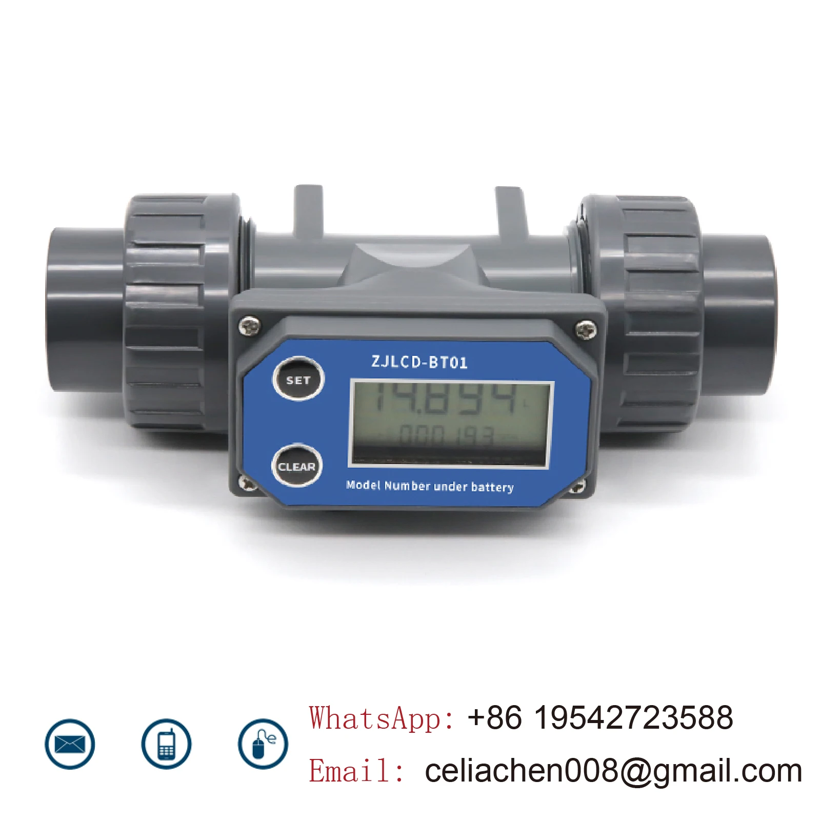 ZJPVC-BT01 Inline Digital Flow Meter DN15-DN50 PVC Battery Operated Water Sensor for Irrigation